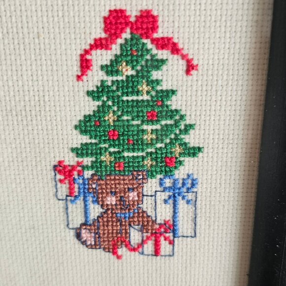 Miniature Hand Made Cross Stitch Christmas Tree Frame Picture EUC Tiny Stitch - Picture 2 of 3